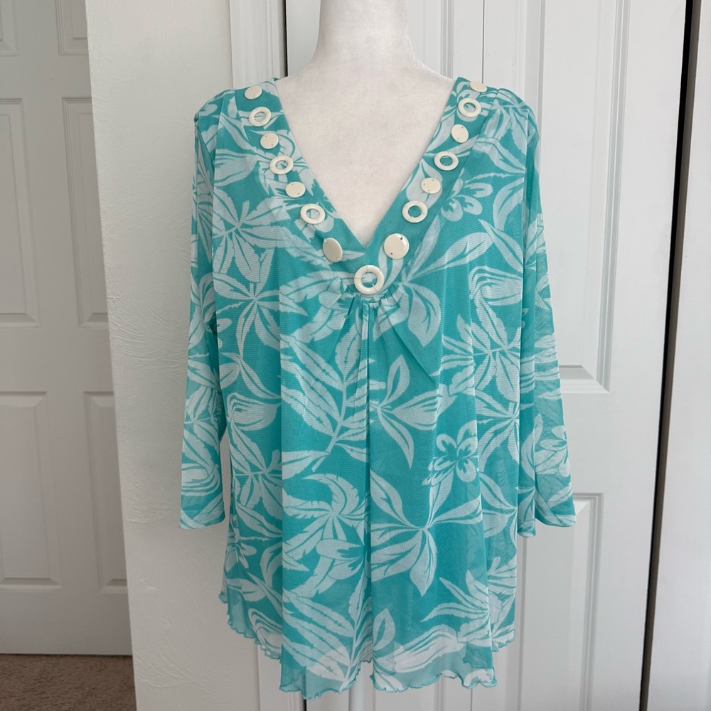 Ruby Rd Women 2 XL Blouse Shirt Top Tunic Mesh Linen 3/4 Sleeve Beaded turquoise